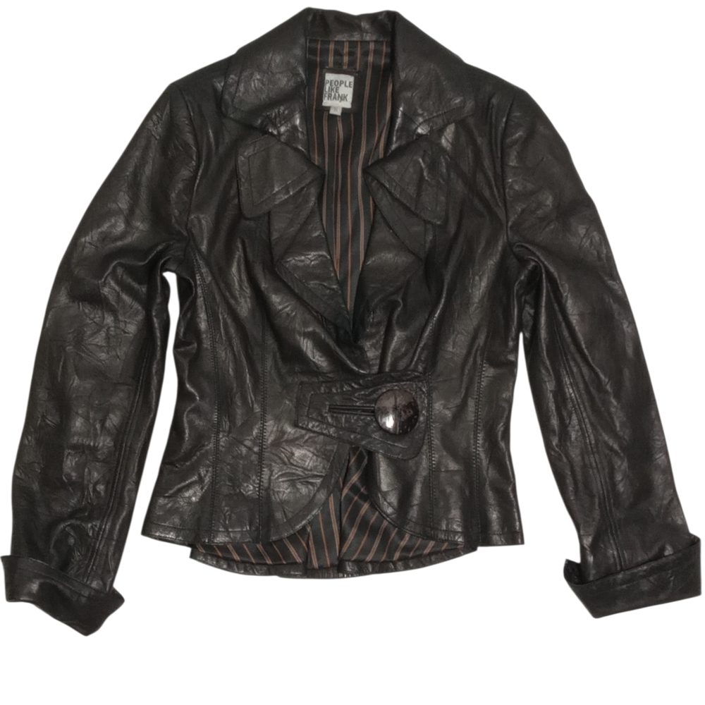 People Like Frank Leather Moto Peplum Button Charcoal Black Leather Jacket Sz S - Picture 2 of 8